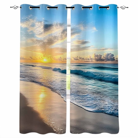 Blackout Curtains for Bedroom, Ocean Sunset Room Darkening Window Drapes for Living Room, Beach Blue Sky Coastal Seashore Summer Thermal Insulated Grommet Curtains, 52x90 inch, 2 Panels