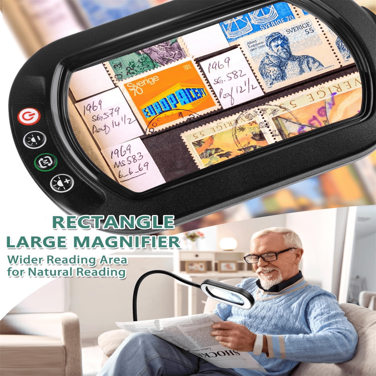 Veemagni Magnifying Glass with Light and Stand, Rectangular Real Glass Lens, 24" Flexible Gooseneck 3-in-1 Floor Lamp,5 Color Modes, Stepless Dimmable,  Hands Free for Craft Hobby Reading.