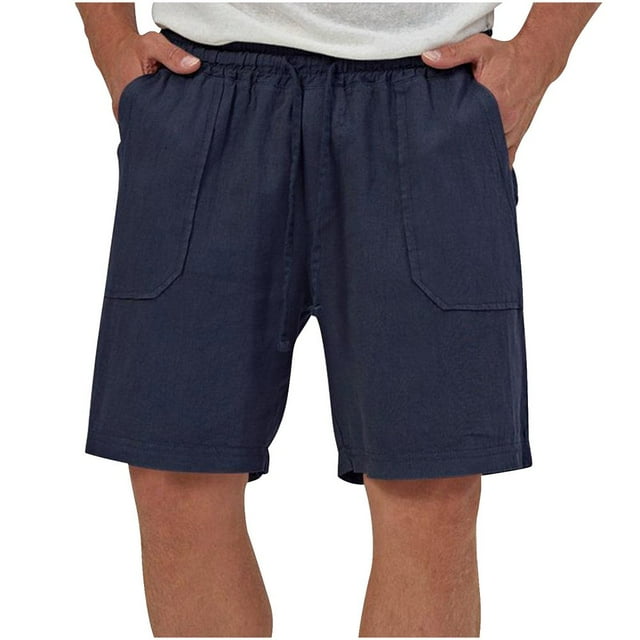 JUNWELL BLVB Cotton Linen Shorts for Men Casual Solid Color Drawstring Elastic Waist Summer Beach Shorts with Pockets