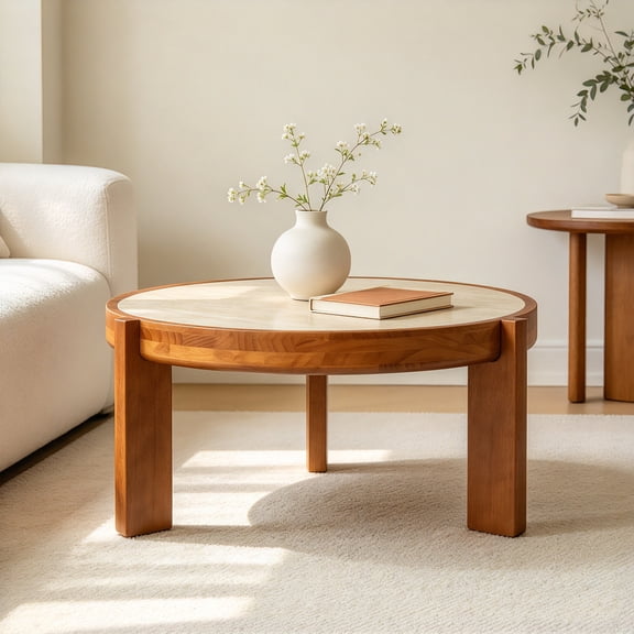 AUU 31.5-Inch Round Sintered Stone Coffee Table with Solid Wood Frame, Mid-Century Modern Circular Center Table for Living Room