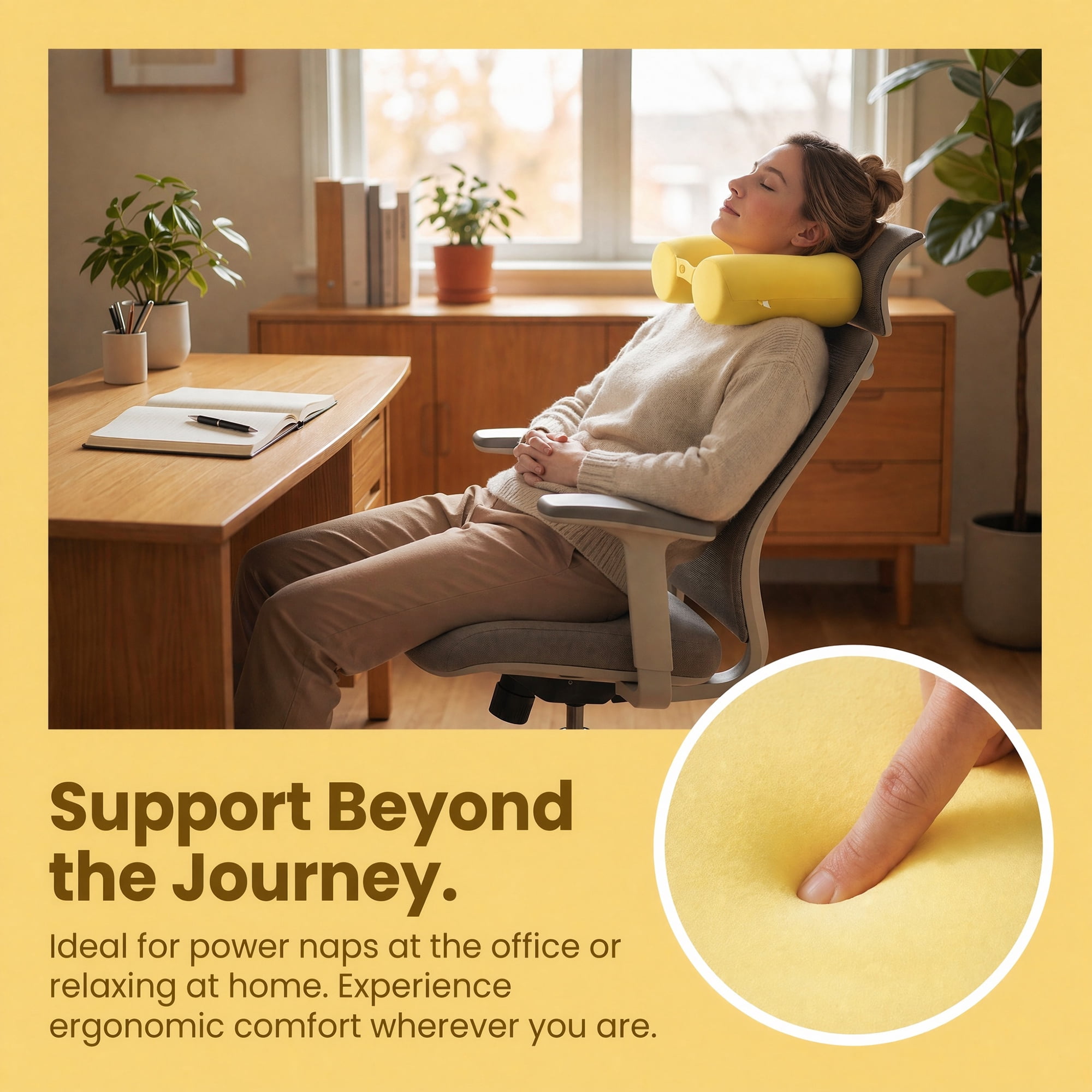 Unique Bargains Memory Foam Neck Pillow U Shape Snap Closure for Airplane Yellow 25"x4"