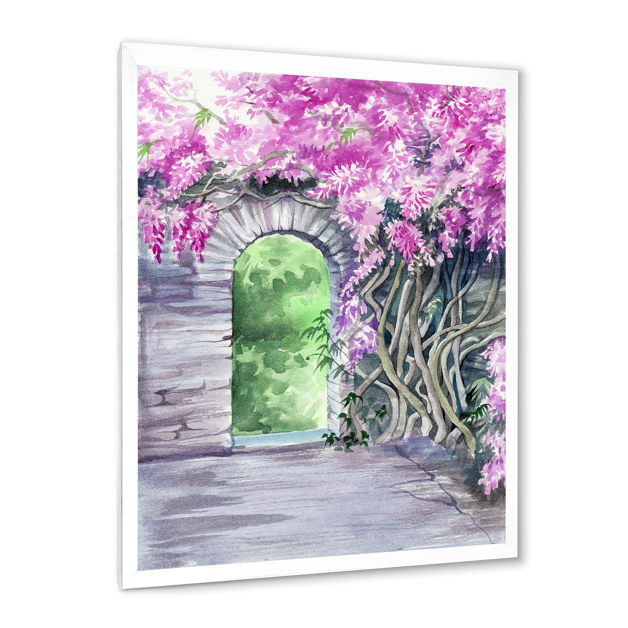 Designart 'Blossoming Purple Wisteria Garden Over The Wall' Traditional Framed Art Print