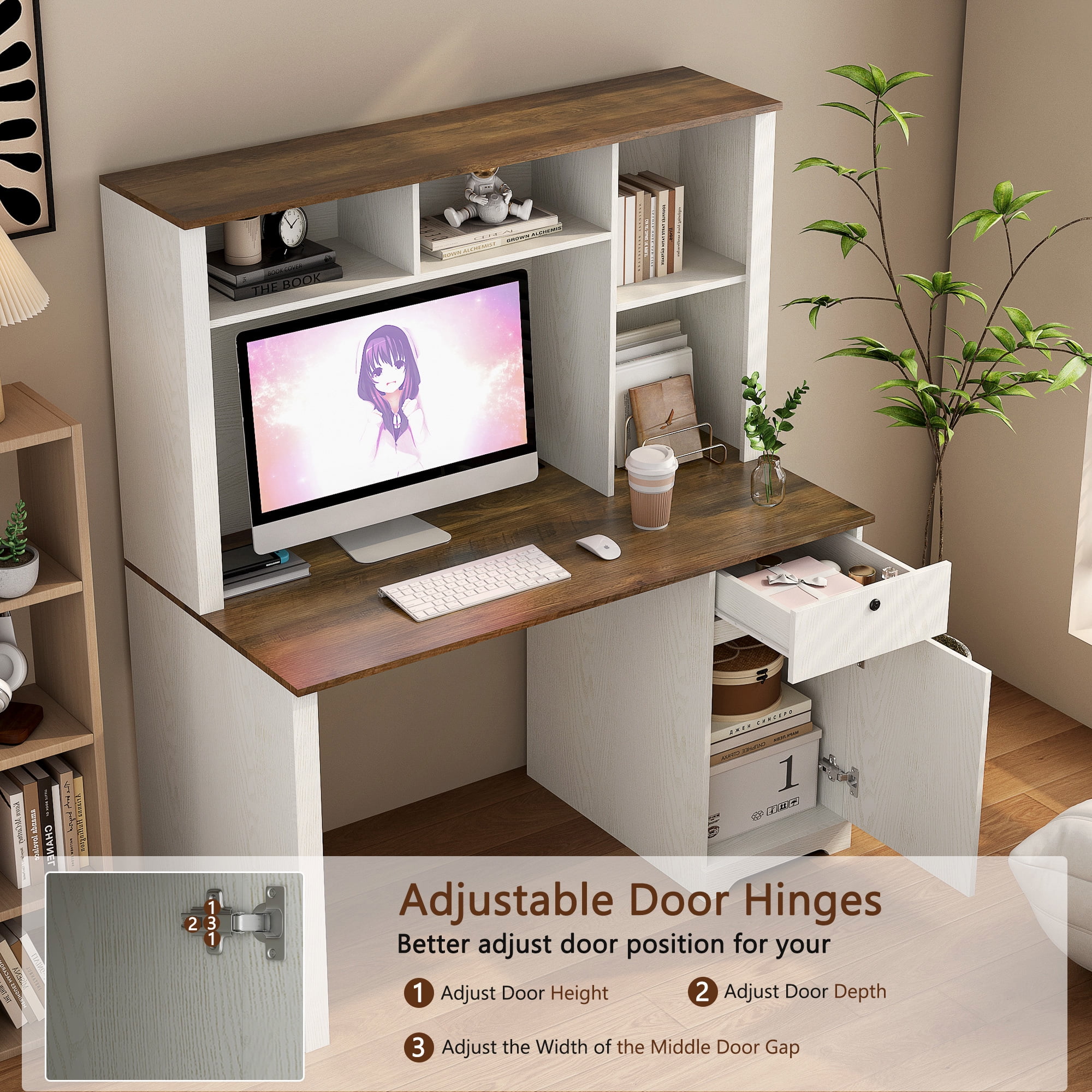 Aukfa Computer Desk with Hutch & Power Outlets for Home,Wood Teens Student LED Writing Desk,Gray