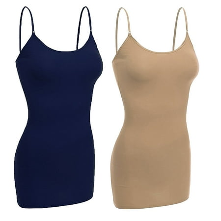 

Women & Juniors Basic Layering Built in Bra Spaghetti Strap Long Cami Top Tank
