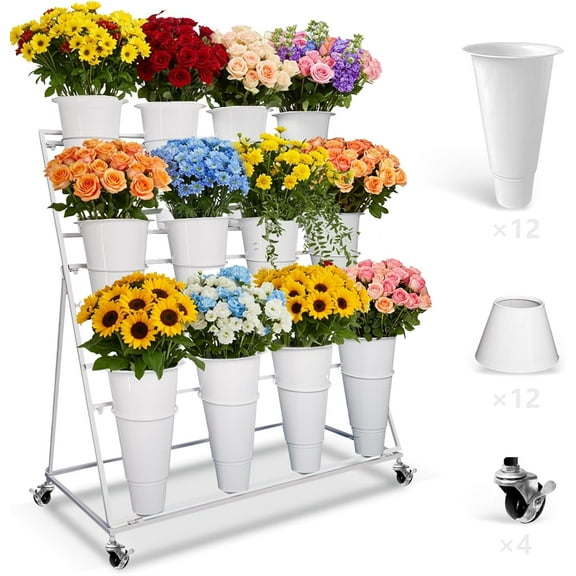 Flower Stand with 12 Buckets, White Flower Cart Display Stand with Wheels, 3 Layers Metal Flower Bar for Florist Bouquet Shelf Weddings Party Ceremony Indoor Outdoor Patio Garden