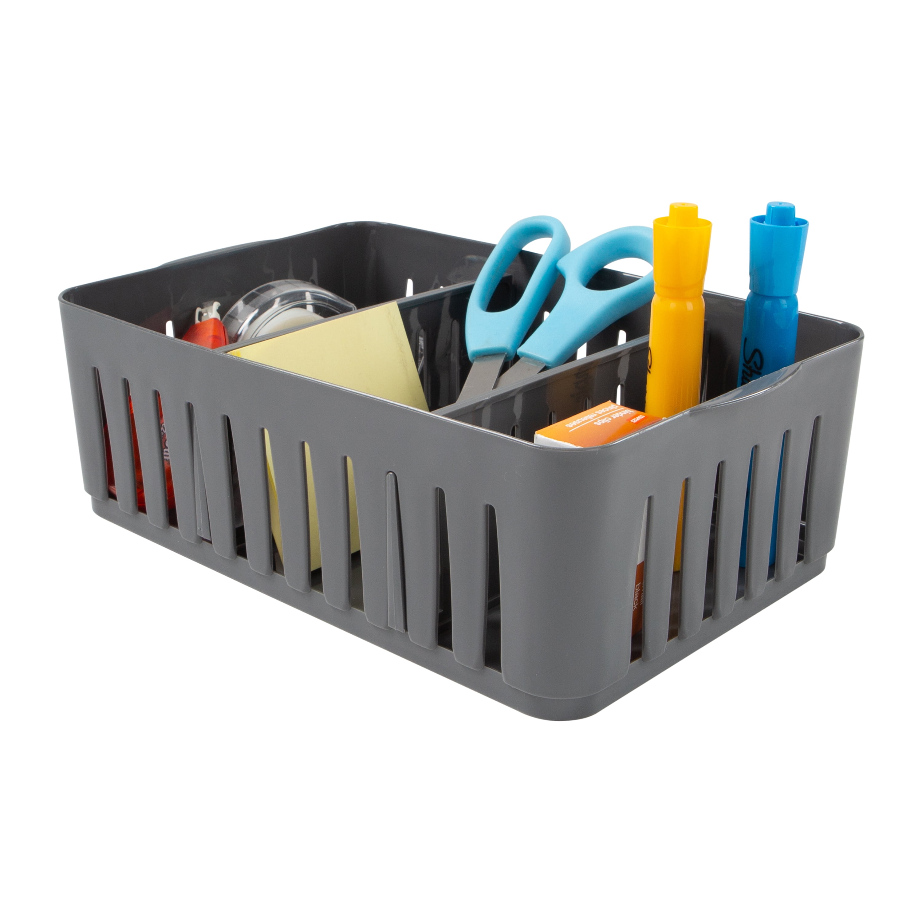 Simplify 2 Pack Stackable Plastic Organizer Bin Storage Basket with Adjustable Dividers in Grey
