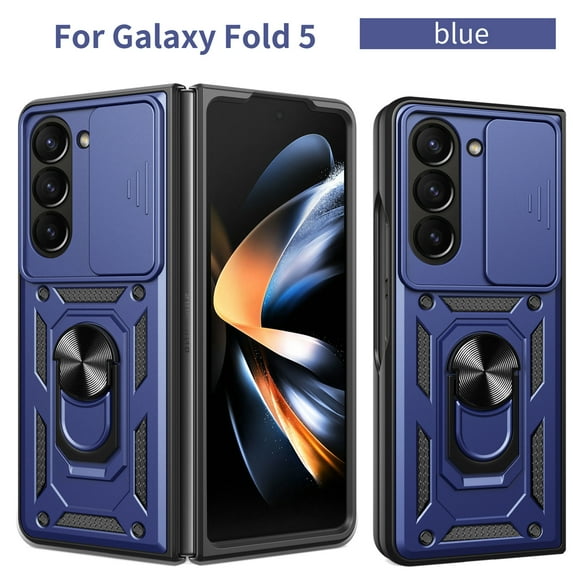 ELEHOLD Rugged Case for Samsung Galaxy Z Fold 5, Slide Camera Lens Protector Hybrid Shockproof with Ring Holder Kickstand Function Work with Magnetic Car Mount Heavy Duty Case,Blue
