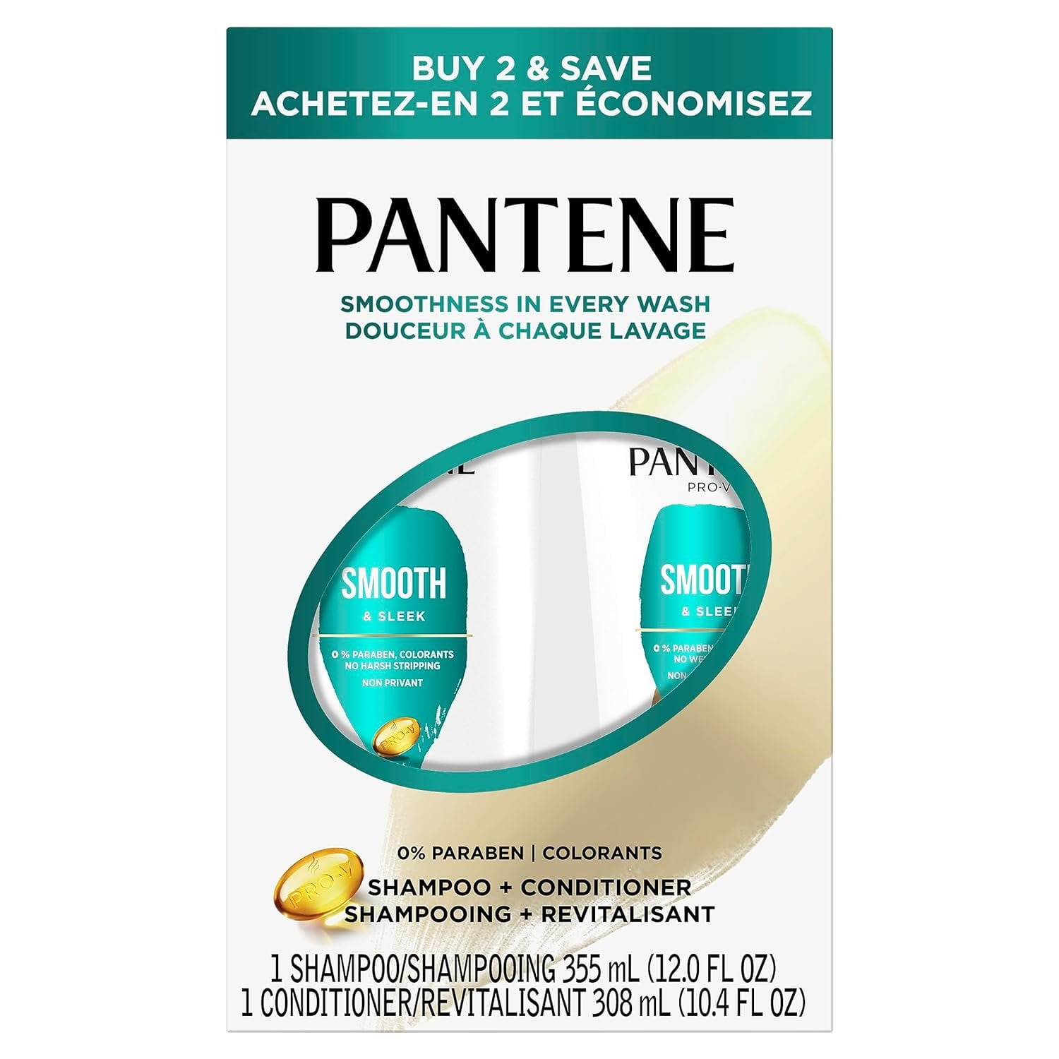 Pantene Pro-V Smooth & Sleek Shampoo & Conditioner for Frizzy Hair, 12oz/10.4oz
