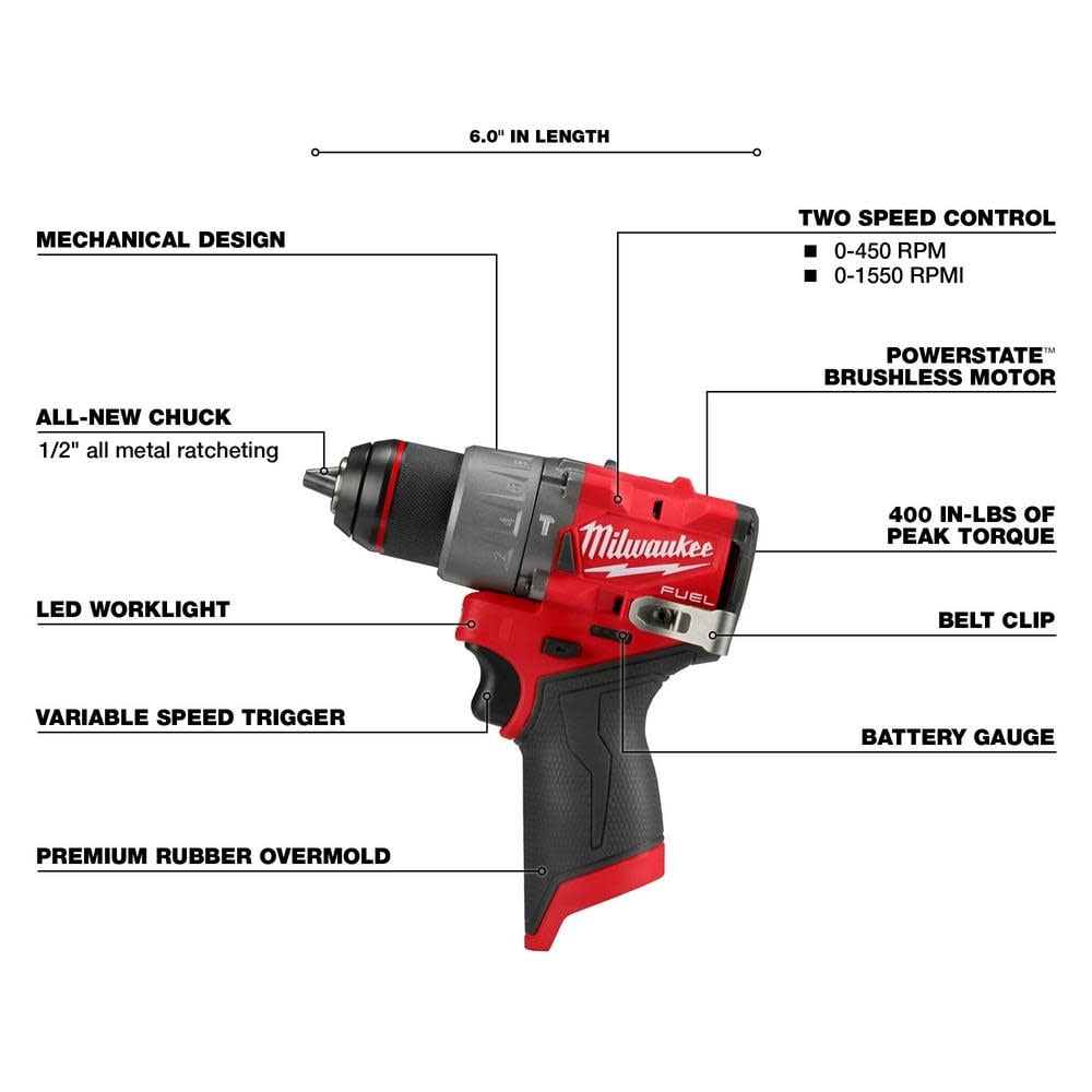 Milwaukee 3404-20 M12 FUEL 1/2" Hammer Drill 3404-20  Compact, High-Power Subcompact Drill with Brushless Motor & All-Metal Chuck (Bare Tool)