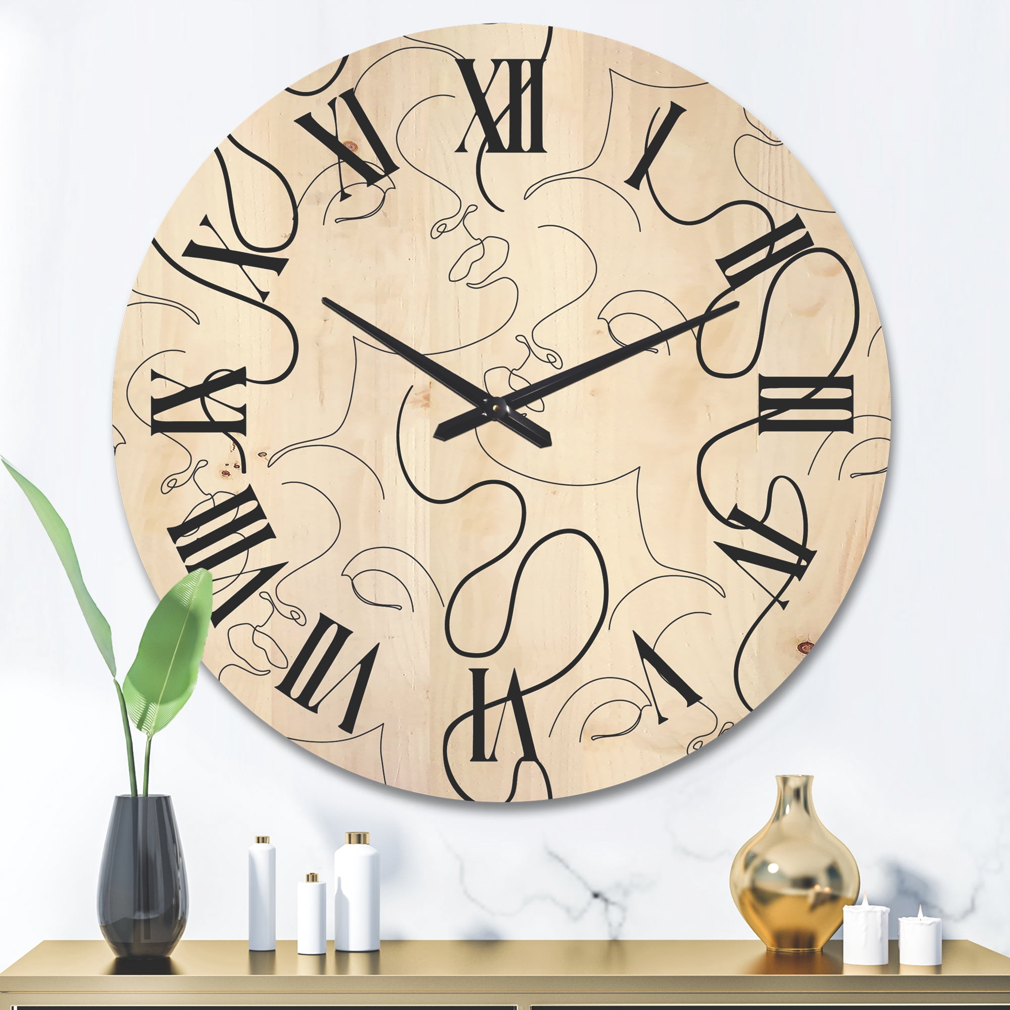 Designart 'Black and White One Line Drawing Portraits' Modern Wood Wall Clock