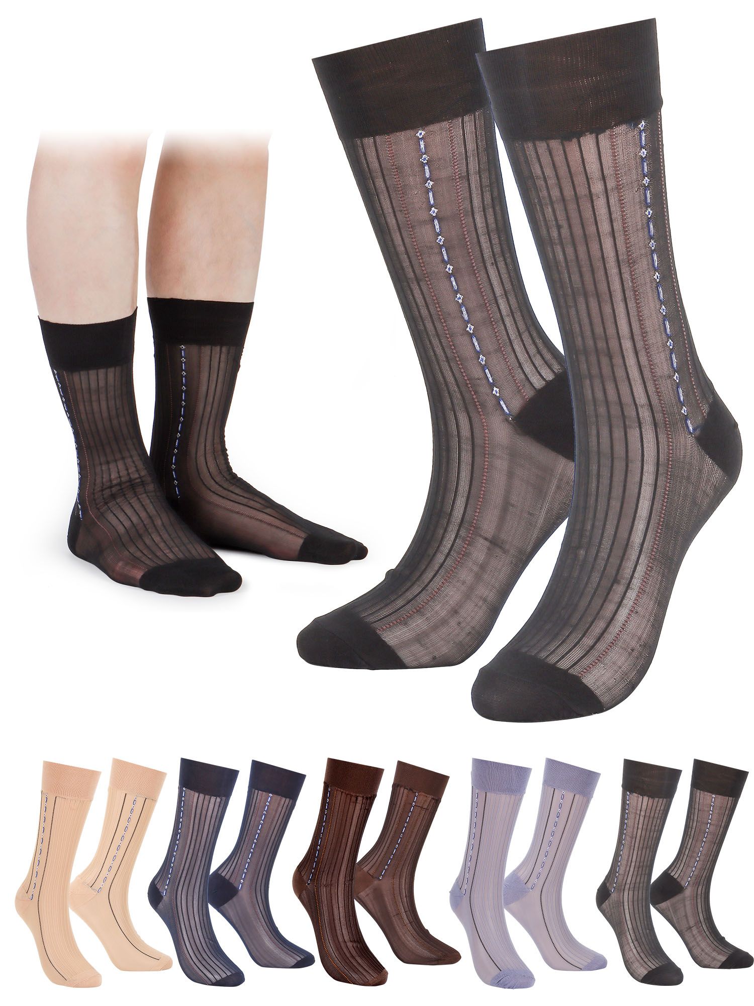 Spencer Mens Silk Sheer Nylon Dress Socks Ultra Thin Business Striped Socks 5 Pairs