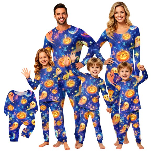 Matching Halloween Pajamas Set for Whole Family, Breathable Long Sleeve Halloween Family Pajamas with Moon Pumpkin Print, Fun Family Halloween Pajama Set Sleepwear