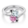 thumbnail image 3 of Gem Stone King 925 Sterling Silver Sky Blue Aquamarine Pink Moissanite and Black Diamond Ring for Women (1.56 Cttw, Heart Shape 6MM, Gemstone March Birthstone, Size 7), 3 of 6