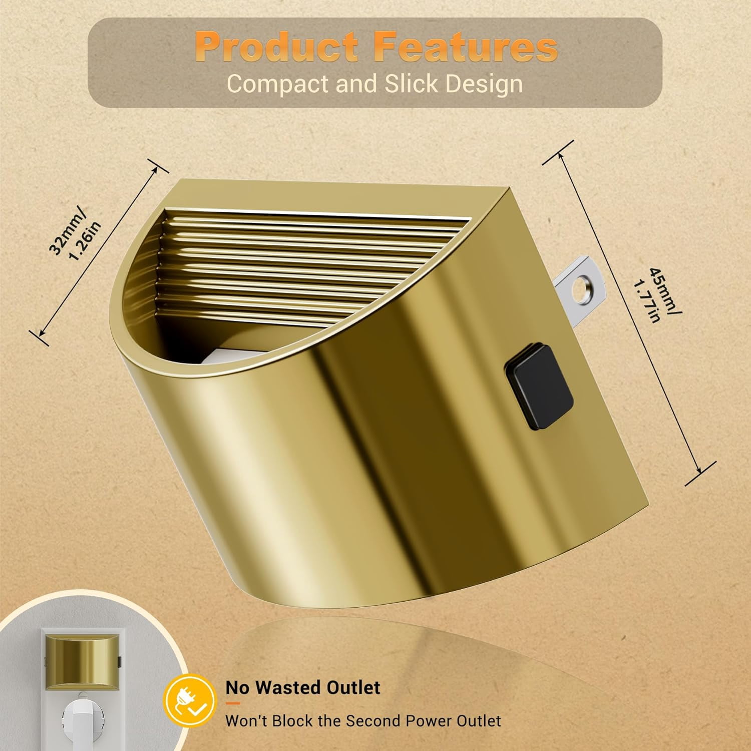RGHJAR-LED Night Lights Plug into Wall, 2 Pack Gold Modern Night Lights, Dusk to Dawn Sensor Nightlight,0-100LM Brightness Adjustable, 3000K Soft White