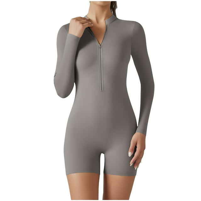 AherBiu Women's Long Sleeve Half Zipper Romper, Small