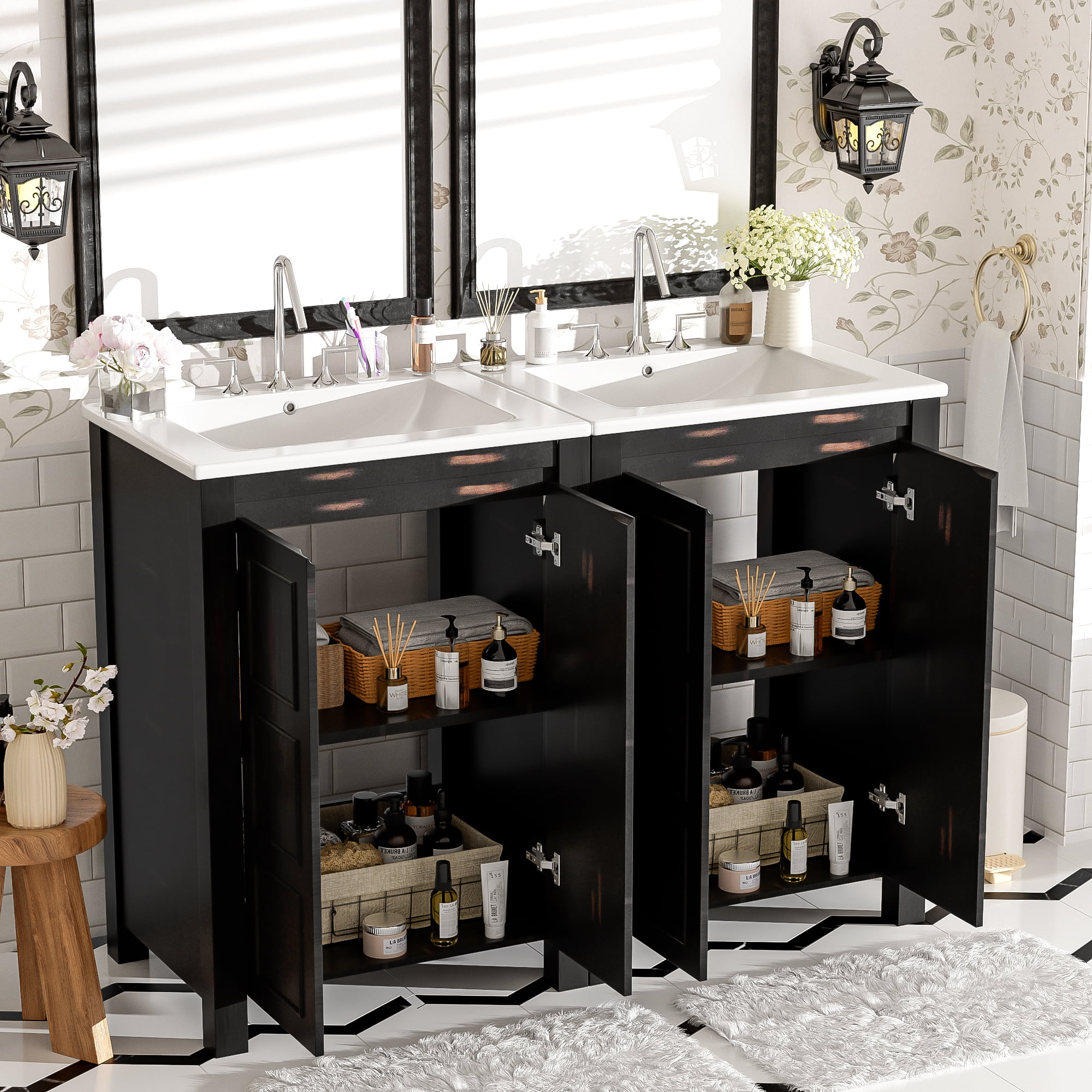 Euroco 48" Vintage Style Bathroom Vanity Combo with Double Vanities (separate), Double Ceramic Sinks, storage Shelf and Soft Close Doors