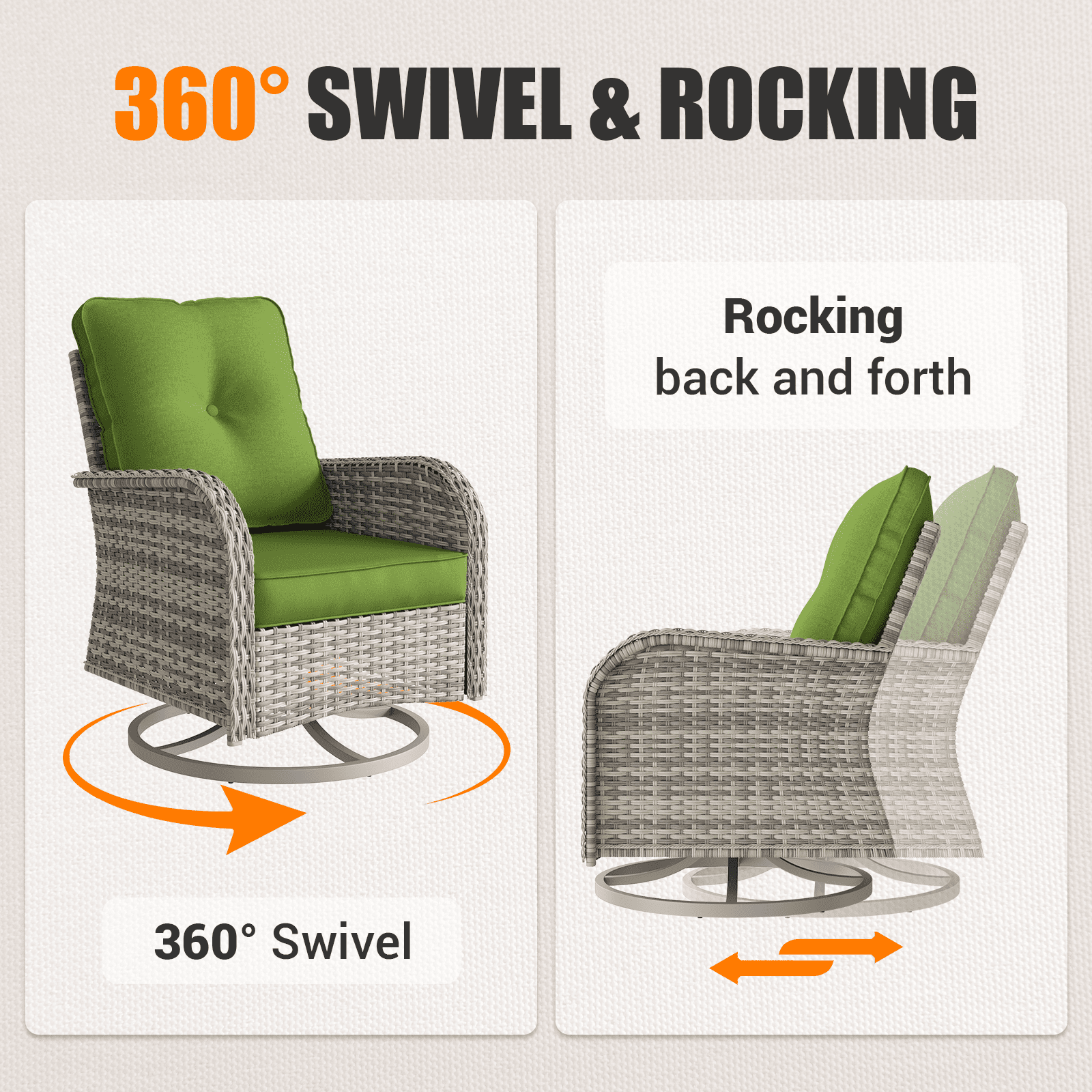 Muphyers 5-Piece Wicker Swivel Rocking Chair Patio Set, Outdoor Patio Furniture Set with Ottomans, 4" Cushions, Adjustable Feet, Double‑Layer Glass Table for Porch Garden Deck Relaxation,Grass Green