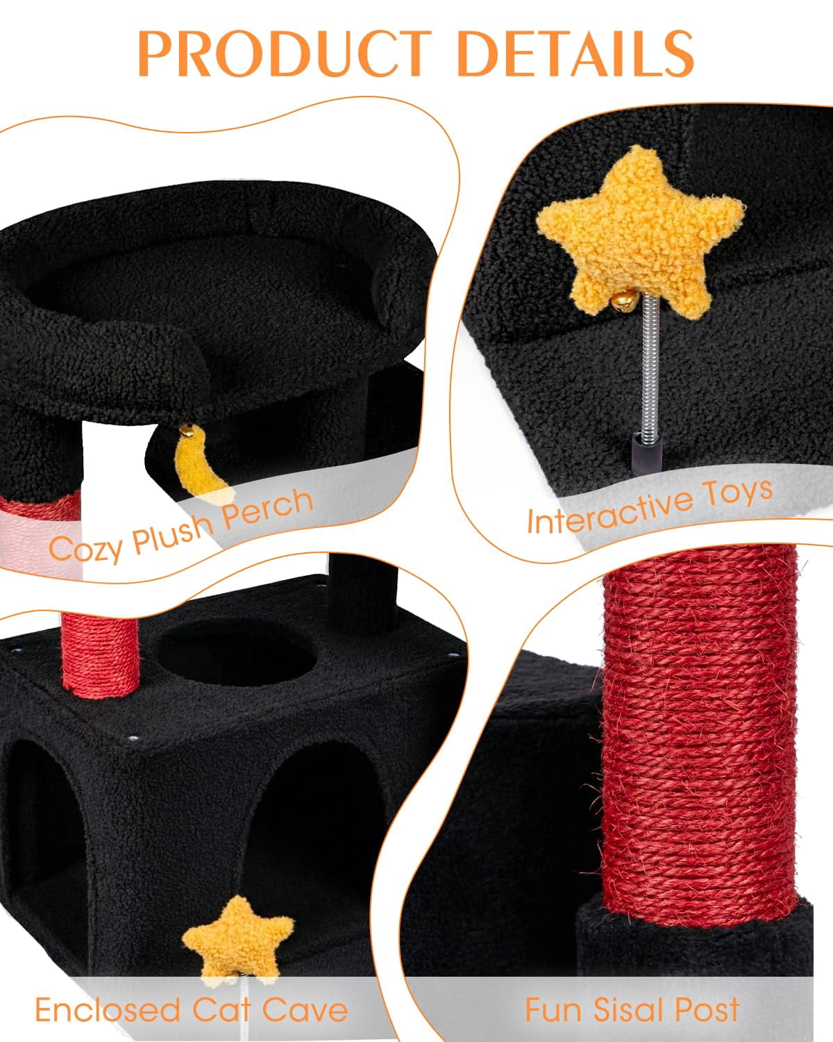 32in Cute Cat Tower For Indoor Cats With Condo  Plush Platform Hammock Sisal Posts Dangling Ball Tall Tree Self-grooming Brush (jet Black)