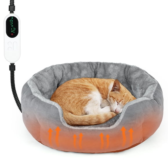 FHTONGE Heated Cat Bed Indoor with Timer and Temp Adjustment, Washable Self Warming Cat Bed Donut with Overheat Protection for Winter, Snuggle Round