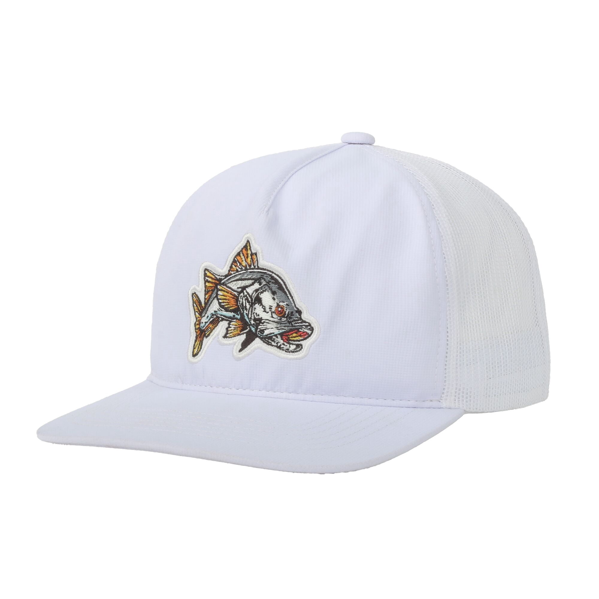 White/White Snook 5-Panel Fishing Cap – Unstructured, Flat Bill Snapback, One Size