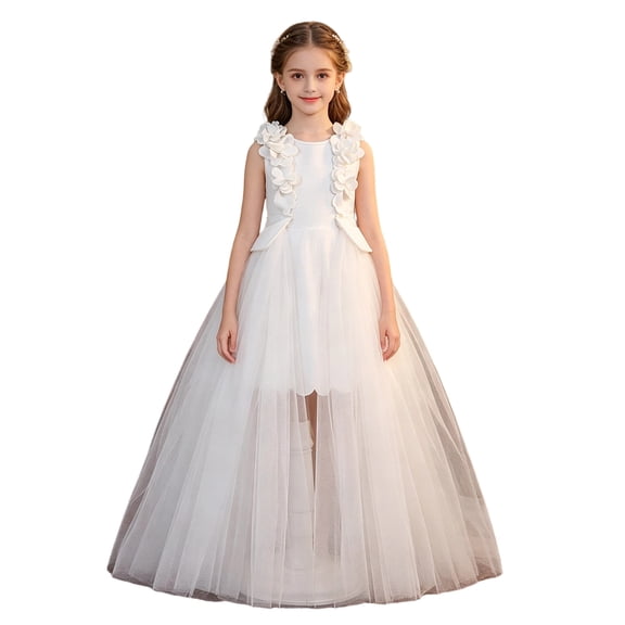 WhouRiu Girls Mesh Pleated Dress Solid Color Floral Decorated Crew Neck Wedding Party Gown Kids Cute Sleeveless Princess Dresses,5-6 Years