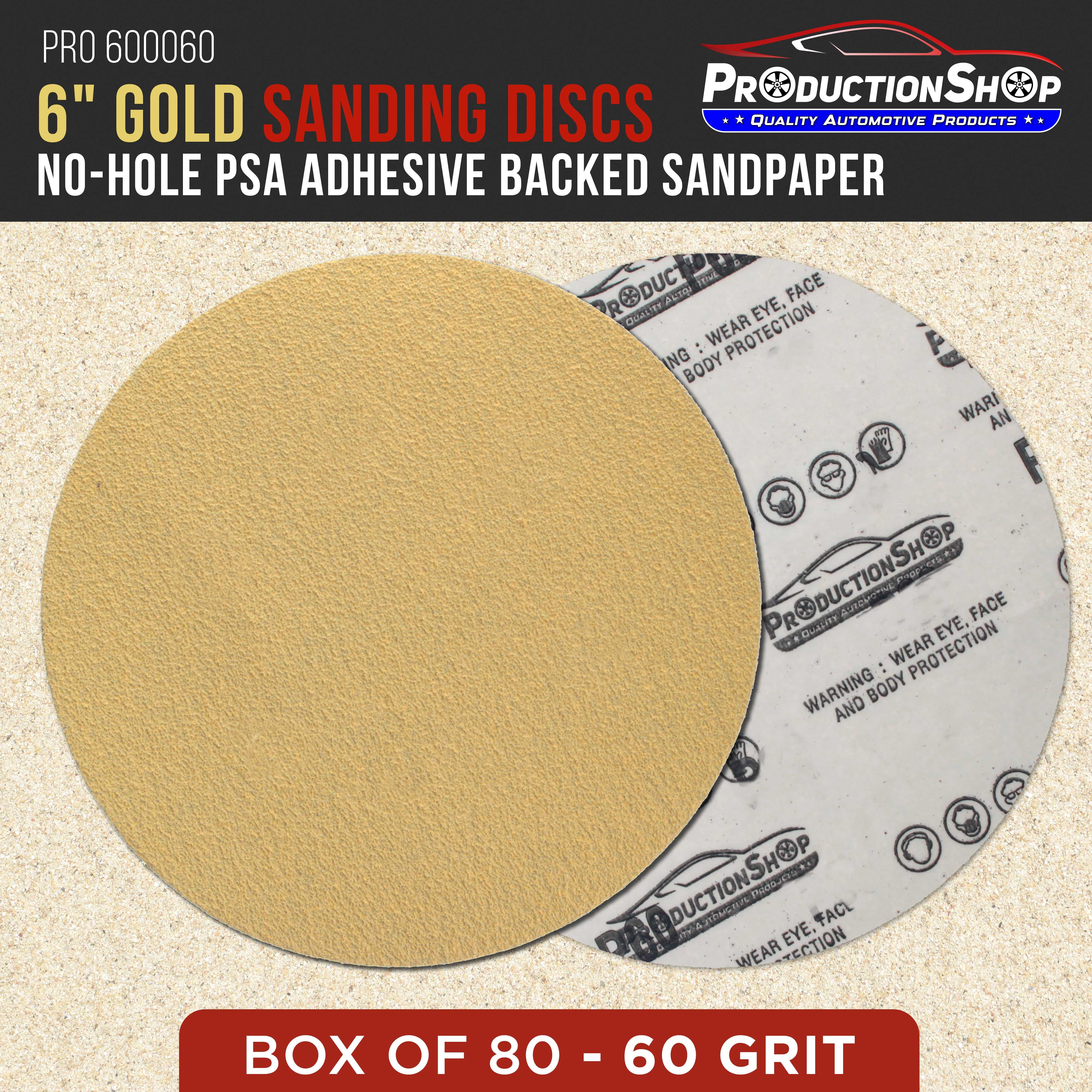 ProductionShop Premium 60 Grit 6" PSA Gold Sanding Discs, Box of 80 - Self Adhesive Stickyback Abrasive Sandpaper for DA & Random Orbital Sanders - Sand Auto Paint Metal, Wood Woodworking Furniture