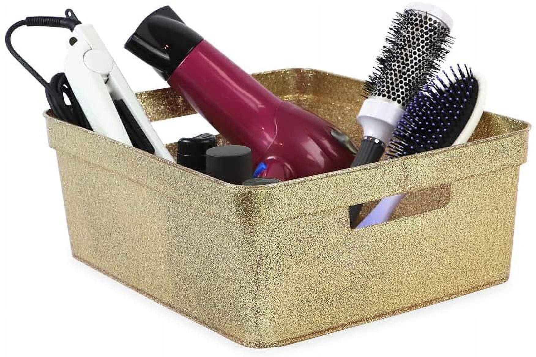 Isaac Jacobs Medium Glitter Storage Bin 14 x 11.5 x 5.5 Set w/Cut-Out Handles, Plastic Organizer, Multi-Functional, Home Storage Solution, 2, Gold