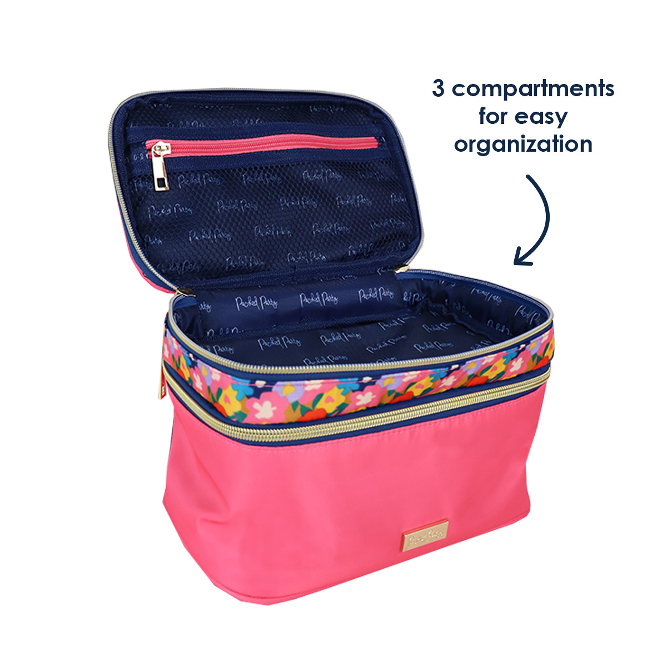 Packed Party Double Decker Pink Train Case Cosmetic Bag with Bow Handle, Model PP430-ST