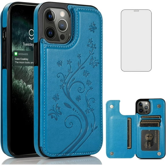 Asuwish Compatible with iPhone 11 Pro Max 6.5 Wallet Phone Case Tempered Glass Screen Protector and Flower PU Leather Credit Card Holder Stand Cell Cover for iPhone11 11pro Promax i XI Plus Men Blue