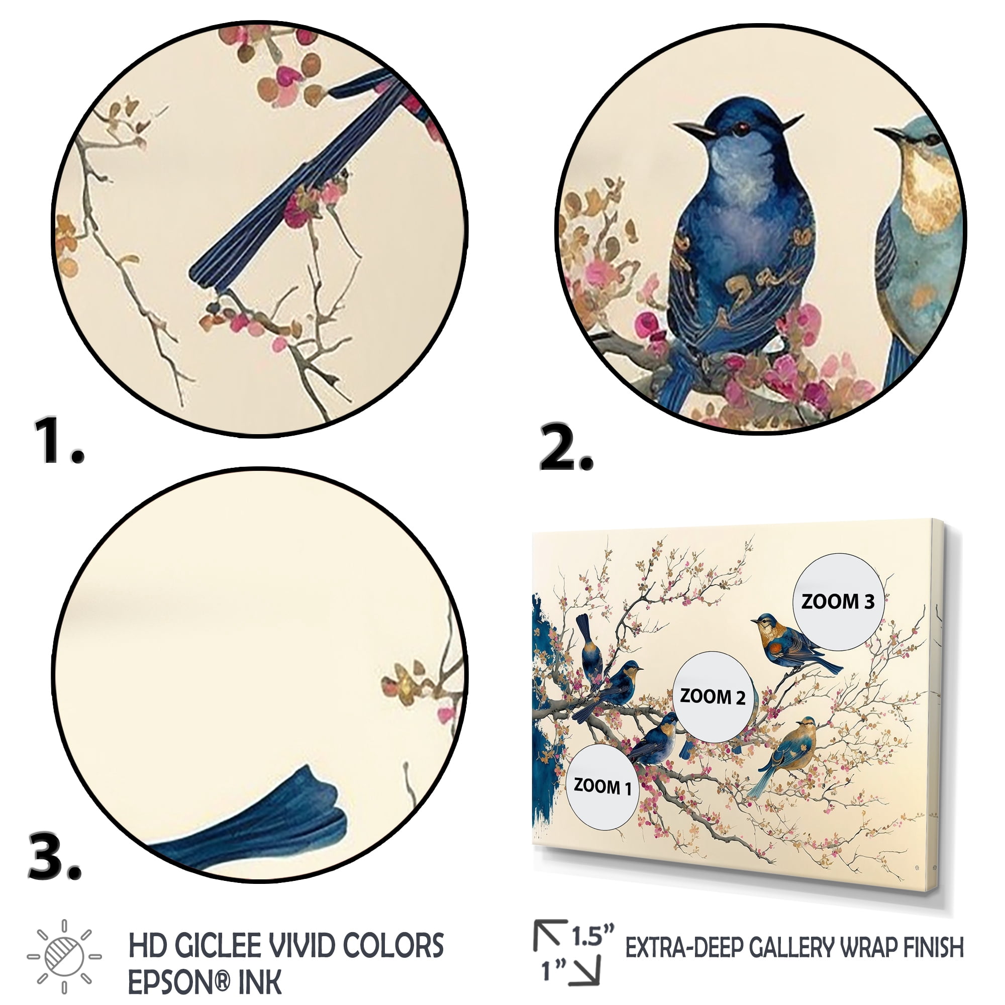 Designart Multicolor Birds On Plum Blossoms Tree VI Canvas Wall Art