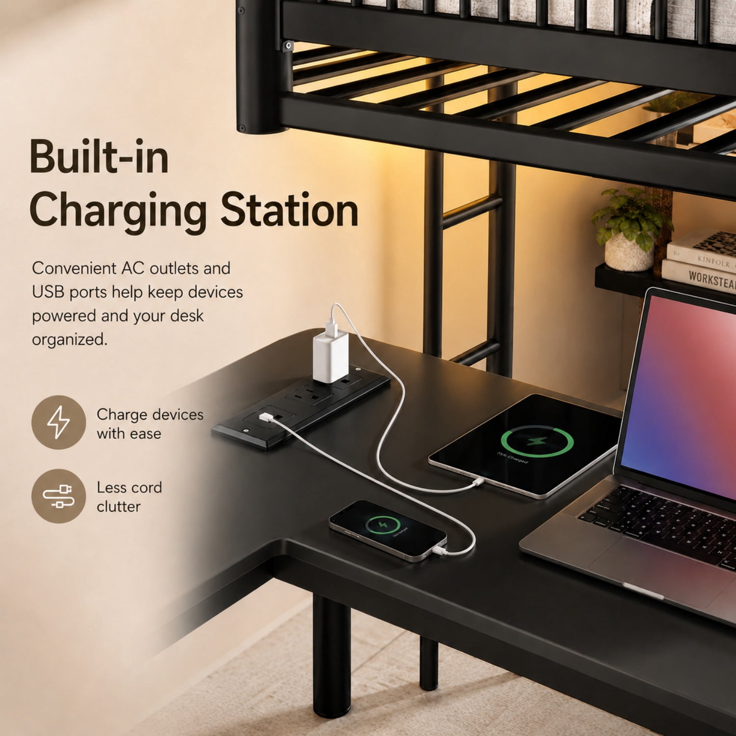 Miniyam Full Metal Loft Bed with L-Shaped Desk, LED Light Strip, Charging Station and PC Tower Tray, Black