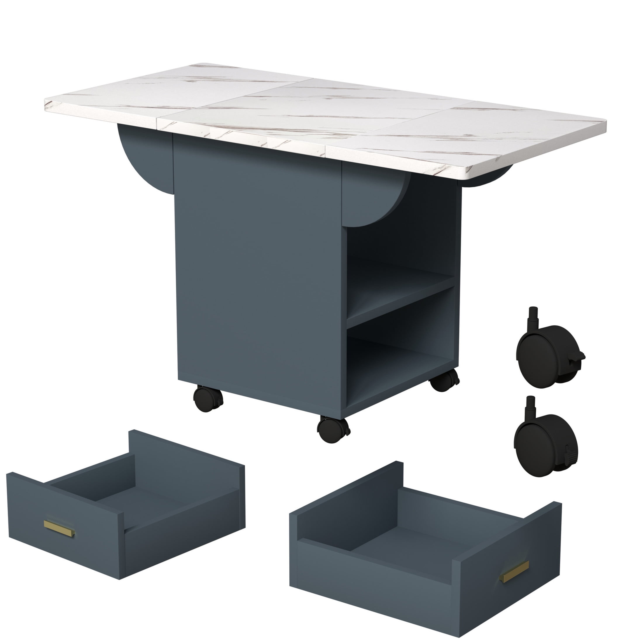 Noble House 39.4" Folding Dining Table with Wheels, Extendable Wood Table with Drawer and Storage Rack, White+Blue