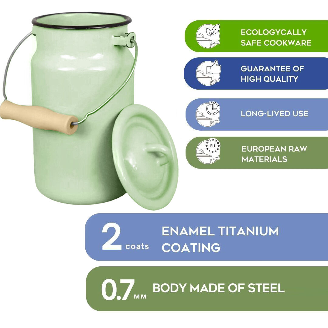 Novomoskovsjka Posuda Mint Coolness Enamel Milk Can with Lid 2.1 Qt (2 L) Enameled Steel Milk Canister Kitchen Milk Keeper Milk Bucket Milk Container, Vintage Style, Green