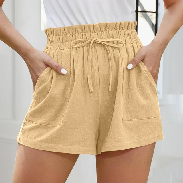 JMKQLZ Spring Summer Fashion Casual Solid Color Drawstring Outwear Linen Shorts For Women