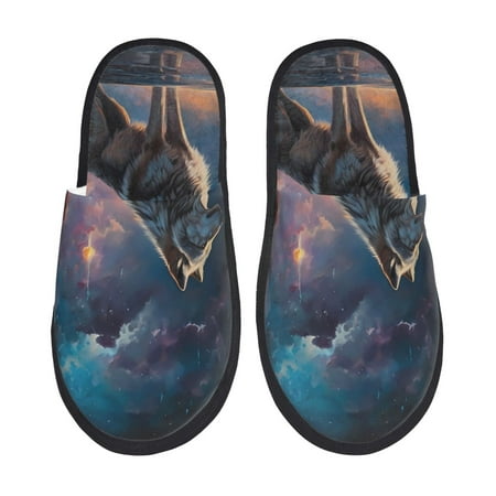 Balery Night Sky Wolf Slient Indoor Furry Fleece Comfort House Shoes Soft Non-Slip Home Shoes Cotton slippers House Slippers-- Medium