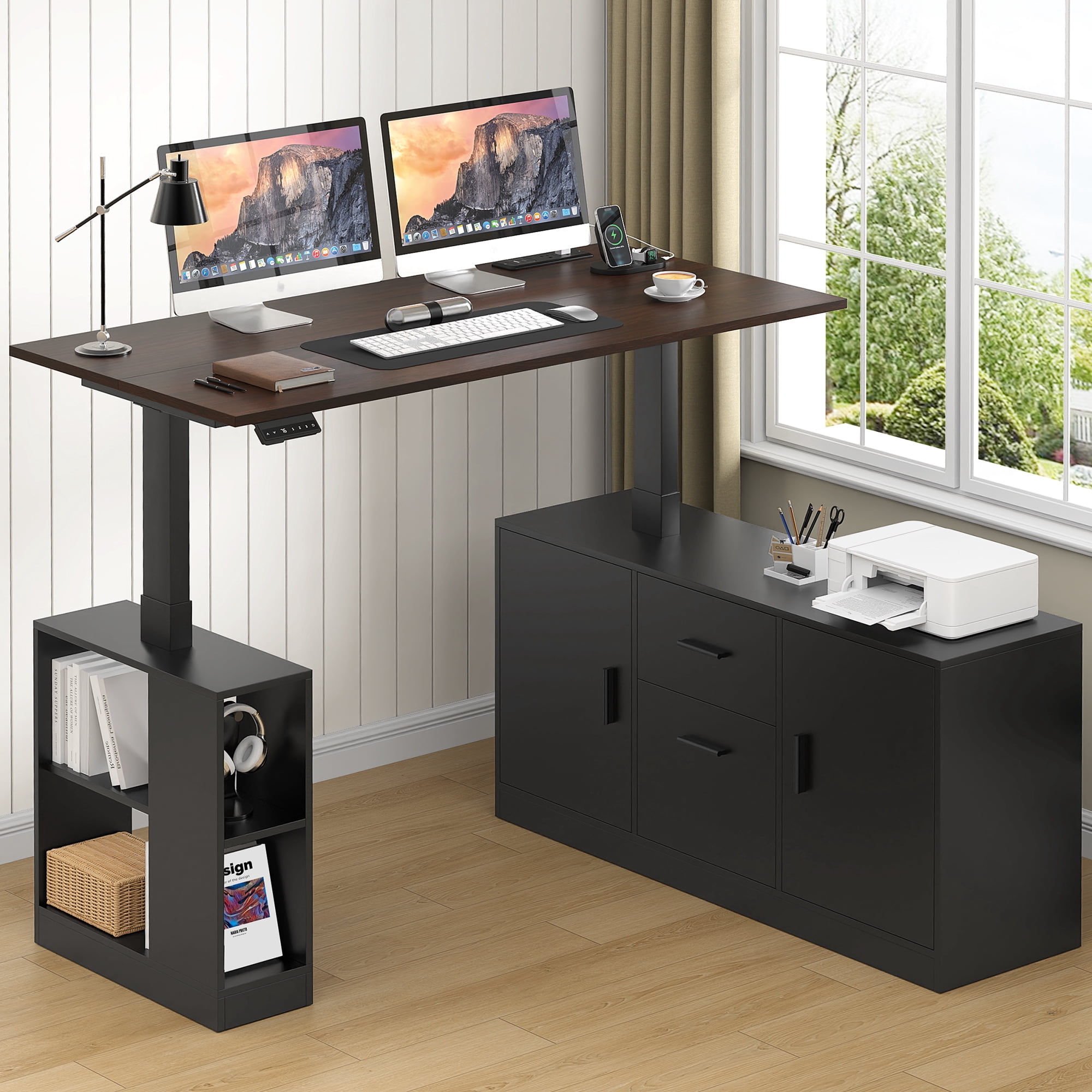 Winkalon Farmhouse L Shaped Electric Standing Desk, 55" x 47" Height Adjustable Home Office Executive Desk with Drawers and Shelves, Standing Computer Desks with Power Outlet for Home Office, Black