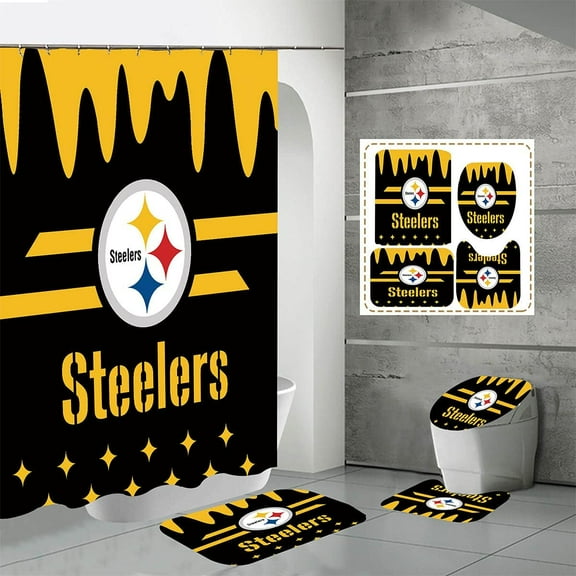 4 Pcs Shower Curtain Set with Toilet Lid Cover Mat Non-Slip Rug Bath Mat and Waterproof Shower Curtains with Hooks American Sports Football Bathroom Decoration Machine Washable