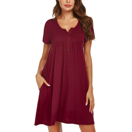 

Haite Women Nightgown Buttons Pajama Short Sleeve Sleep Dress Nightdress Sleepwear Nightshirt Henley Neck Night Gowns Wine Red 2XL