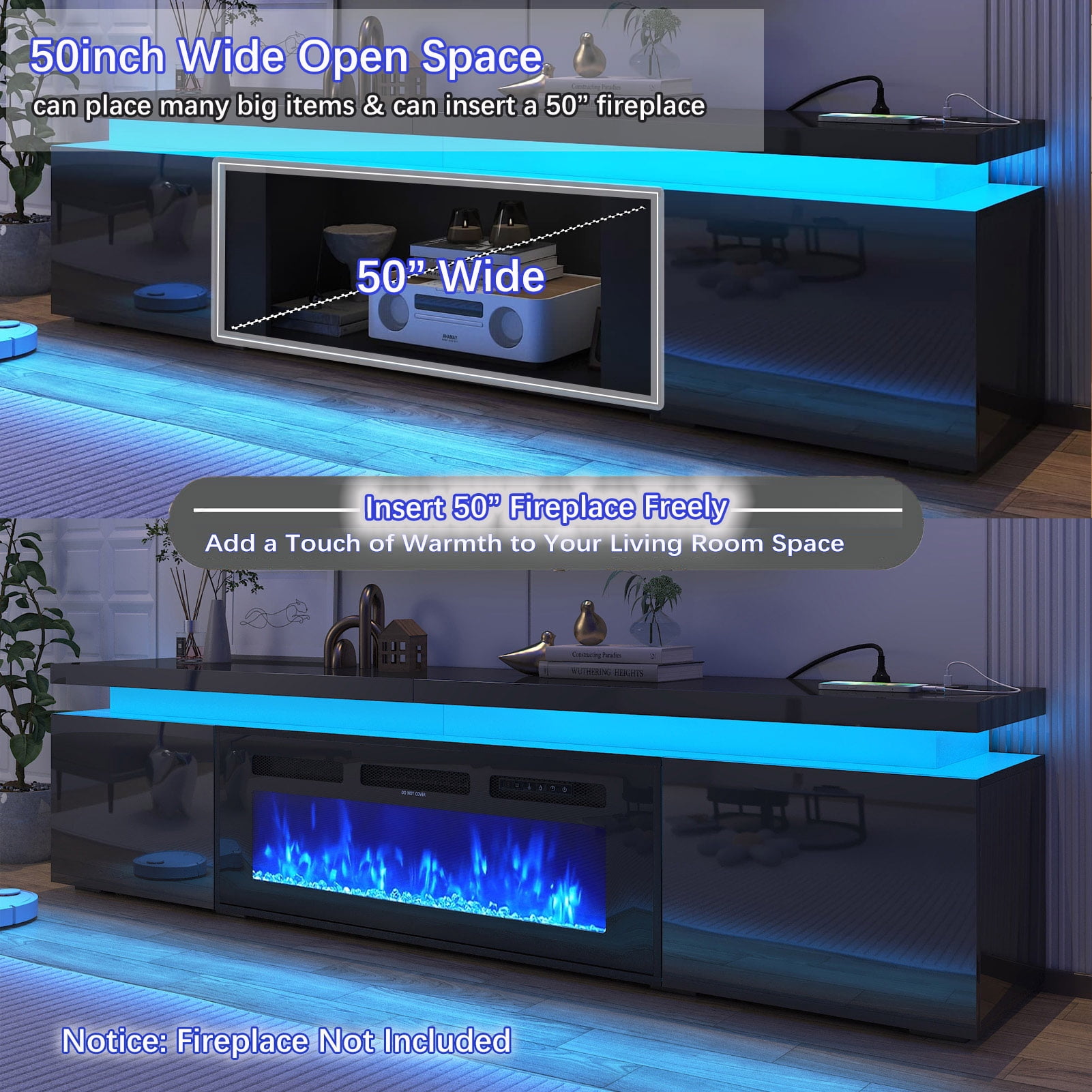 90 inch LED TV Stand with 50" Fireplace Slot & Power Outlet, High Gloss Fireplace TV Stand for 85 90 95 100 inch TVs, Modern Large Media Console Entertainment Center(No Fireplace)