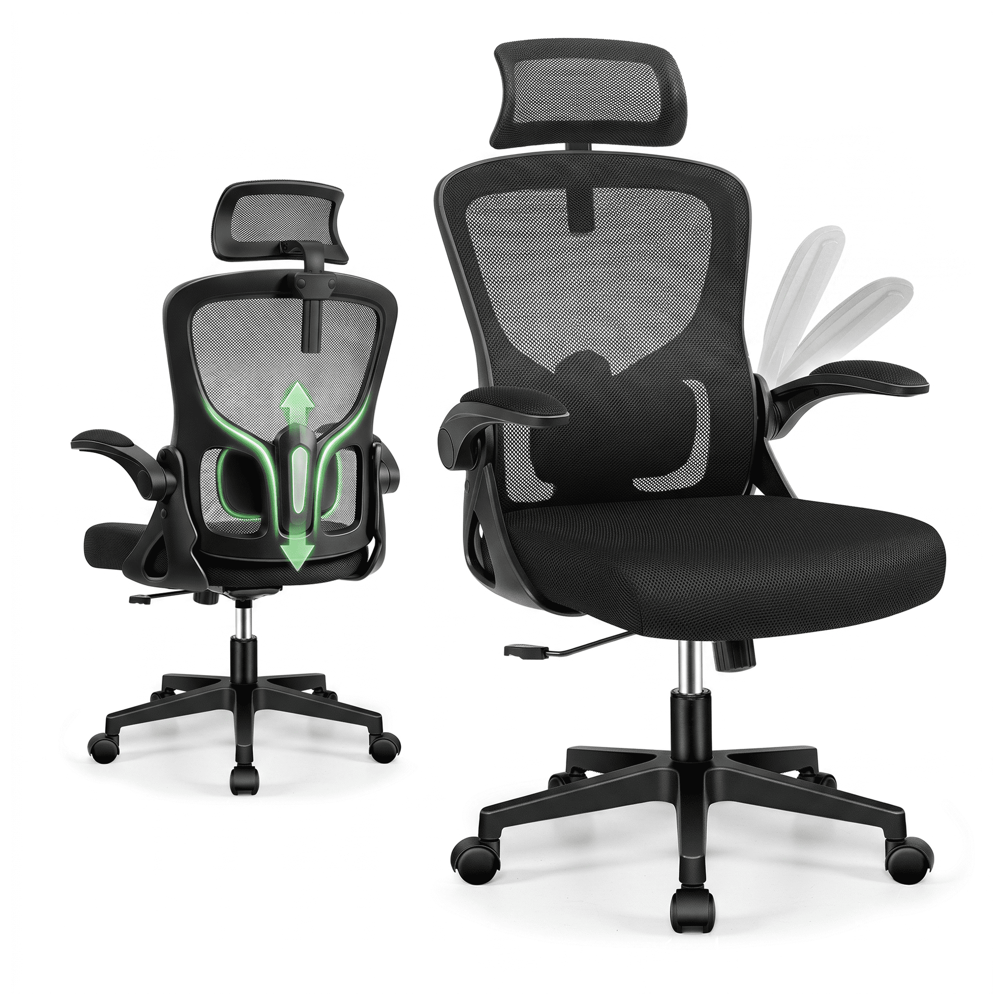 ATHOPE Ergonomic Office Chair with Adjustable Lumbar Support & Flip-up Armrests, Heavy Duty Mesh Desk Chair with Headrest, Breathable Computer Chair for Home Office & Study, Black