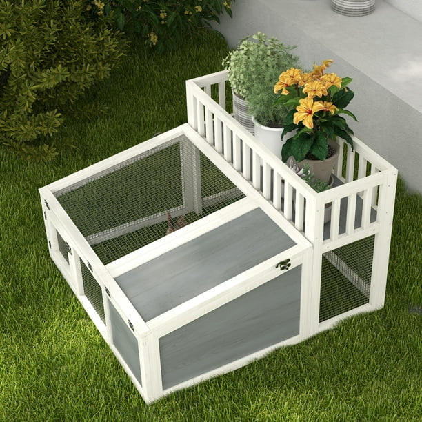 PAWHUT Rabbit Hutch Outdoor Indoor With Storage Shelf Wooden Bunny Cage Guinea Pig Cage With Run Openable Tops for 1 2 Rabbits 37 X 35 X 24