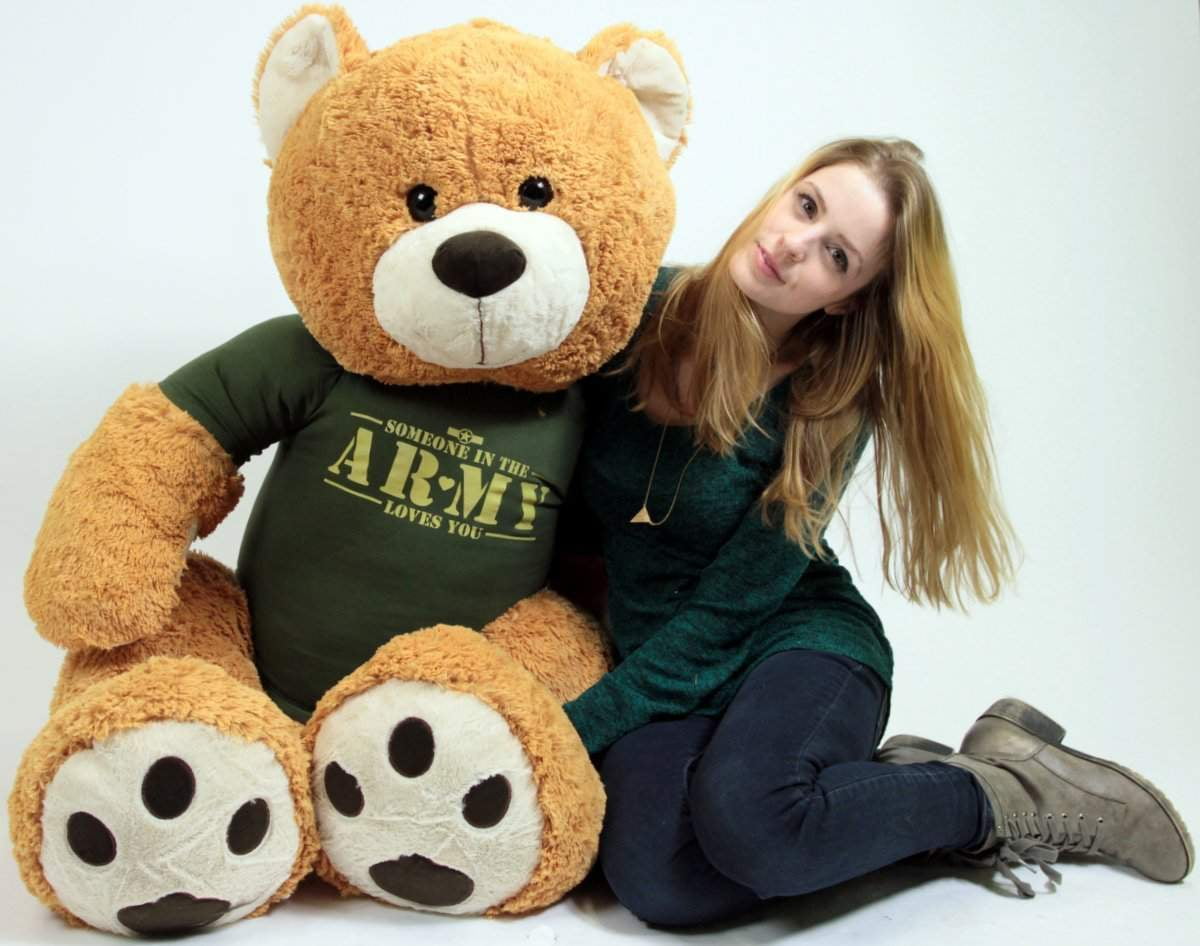 United States Army Big Plush Giant Teddy Bear Five Feet Tall Honey Brown Color Wears Tshirt that