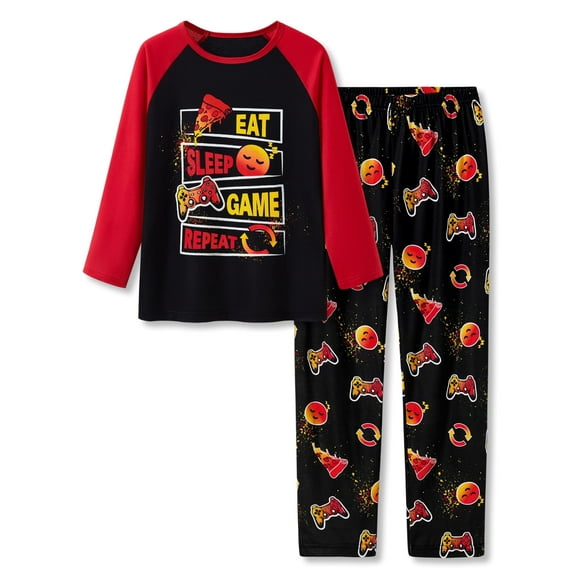 Tebbis 2-Piece Cozy Pajamas For Big Boys Sleep Face & Game Graphic Red Long Sleeves Soft PJs Set Kid Size 10