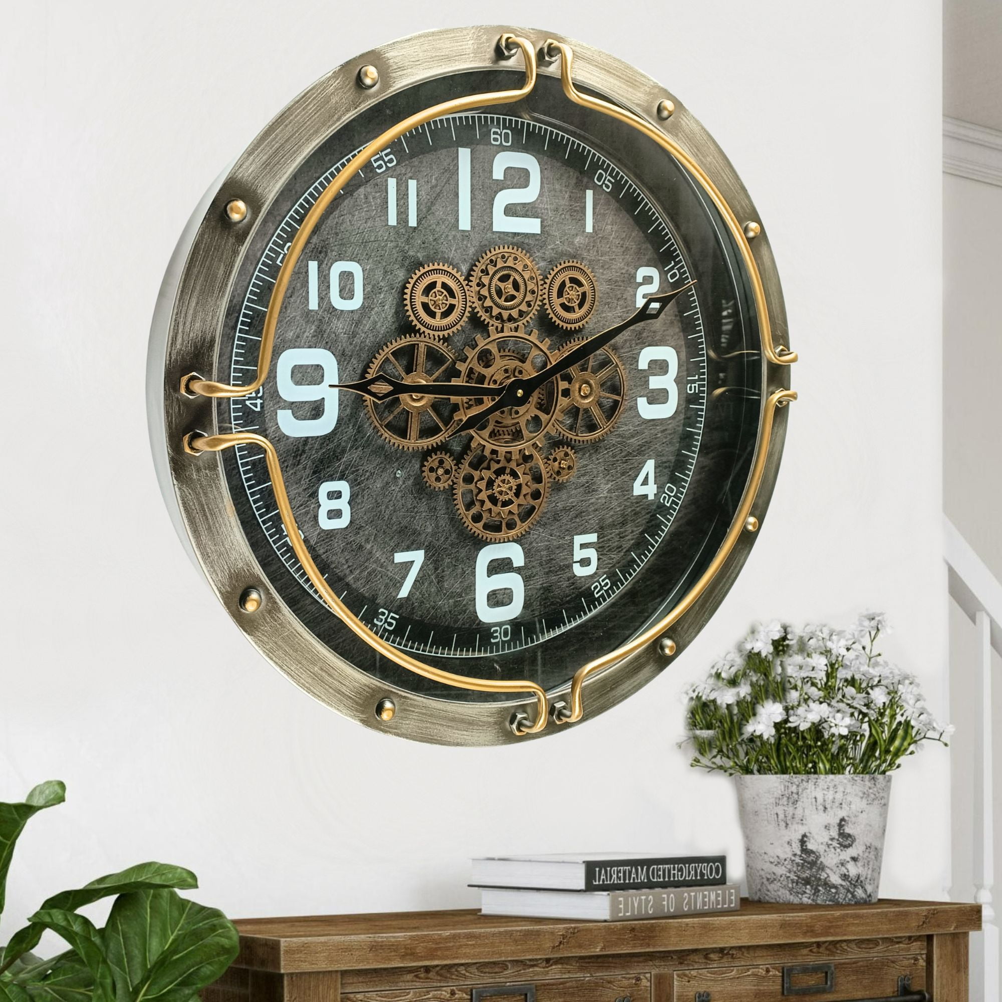 THE GEARS CLOCK Wall Clock with Real Moving Gears LU-LI_ 24 in Round SILVER-GREY