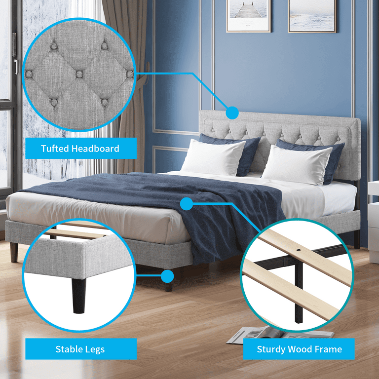 MUZZ Modern Queen Size Button Tufted Bed Frame Upholstered Line