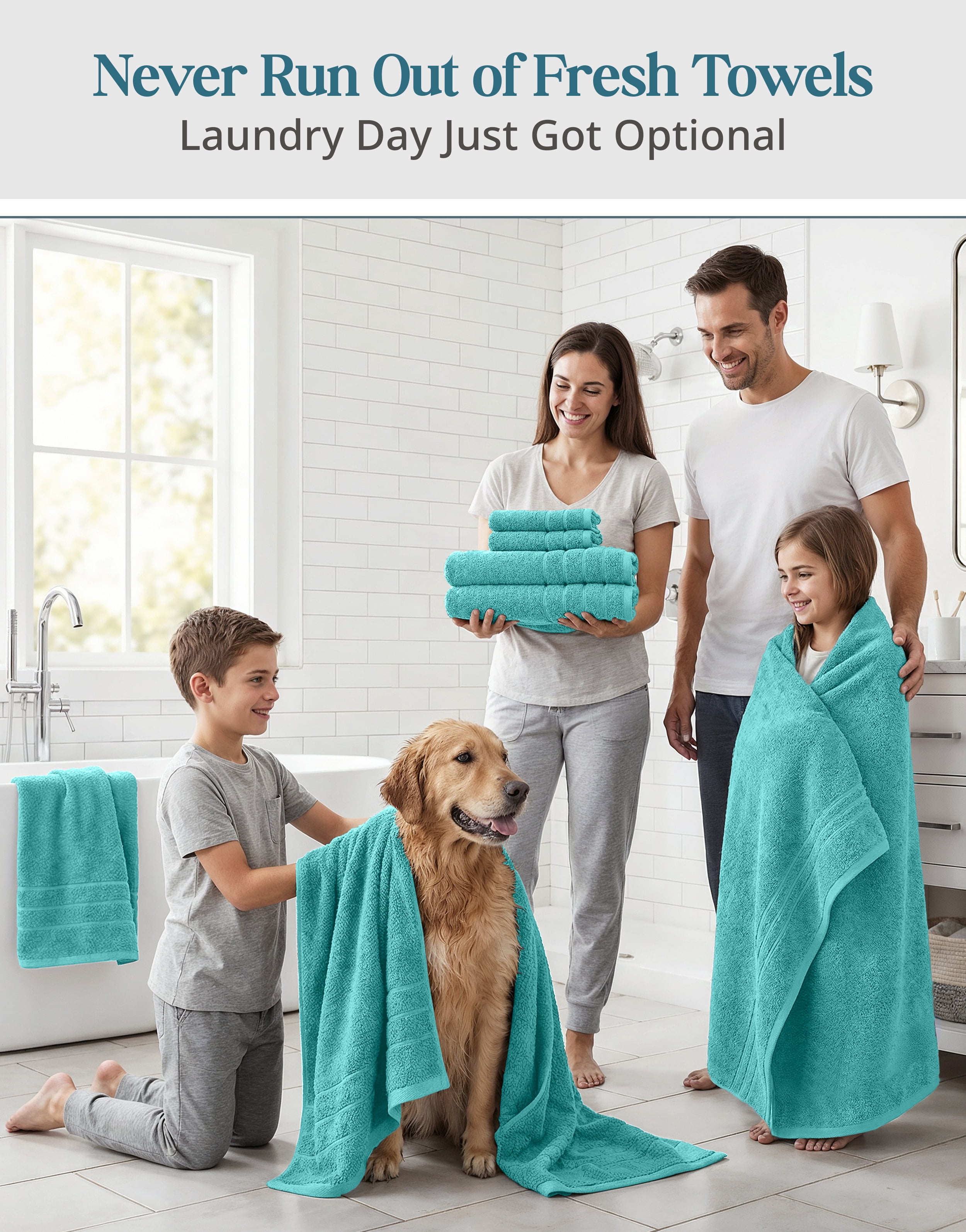 Casa Platino 12 Piece Bath Towels Set - Includes 4 Large Bath Towels, 4 Hand Towels & 4 Washcloths - Soft Absorbent Cotton Towels for Bathroom - Aqua Sky