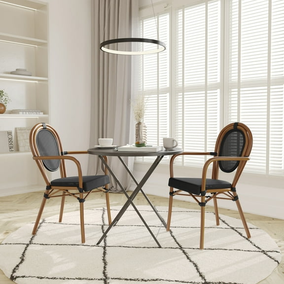 Emma Oliver Set of Two Indoor/Outdoor Stacking Thonet Bistro Style Chairs with Arms, Black Textilene Seat and Natural Bamboo Finished Metal Frame