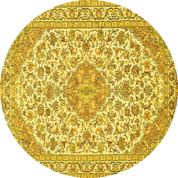 Ahgly Company Machine Washable Indoor Round Medallion Yellow Traditional Area Rugs, 5' Round