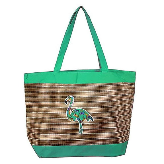20 inch Flamingo Applique Large Tote Bag Green