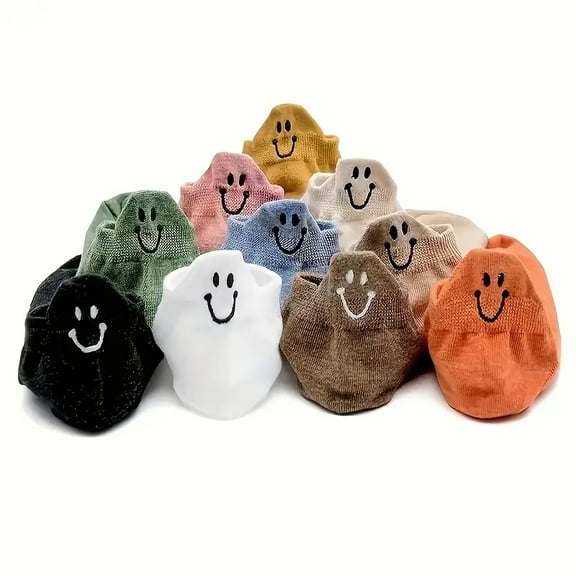10 Pairs of Happy Face Embroidered Socks - Breathable Lightweight Cotton Low Top Sports Outdoor Socks